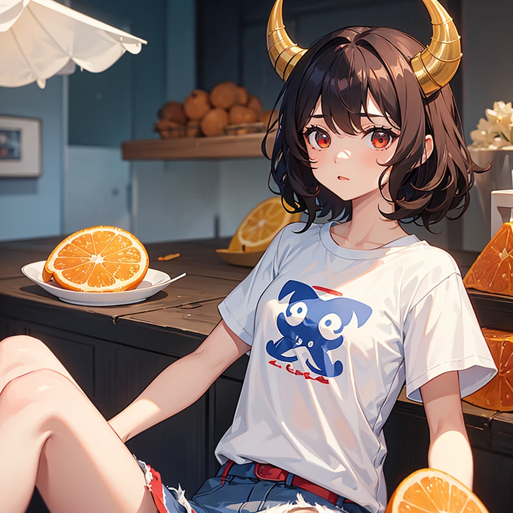an with short curly brown hair and horns on her head, red eyes in a white-blue T-shirt and white-blue shorts eats marmalade