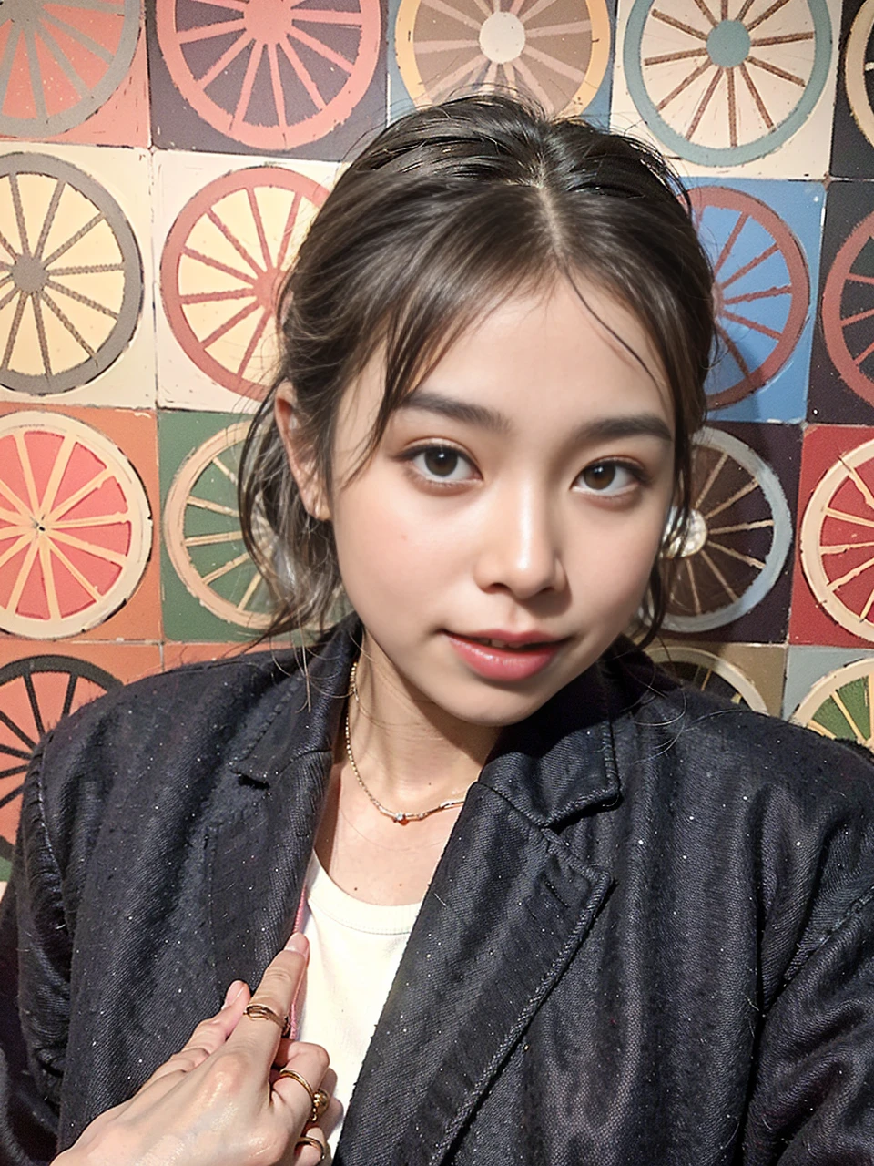 (Best quality, 8k, 32k, Masterpiece, UHD:1.2),Pretty asia woman photo, big breasts, chubby, very short short hair, upper body,(oversized_sweater,:1.1) necklace, simple background, tour, smile