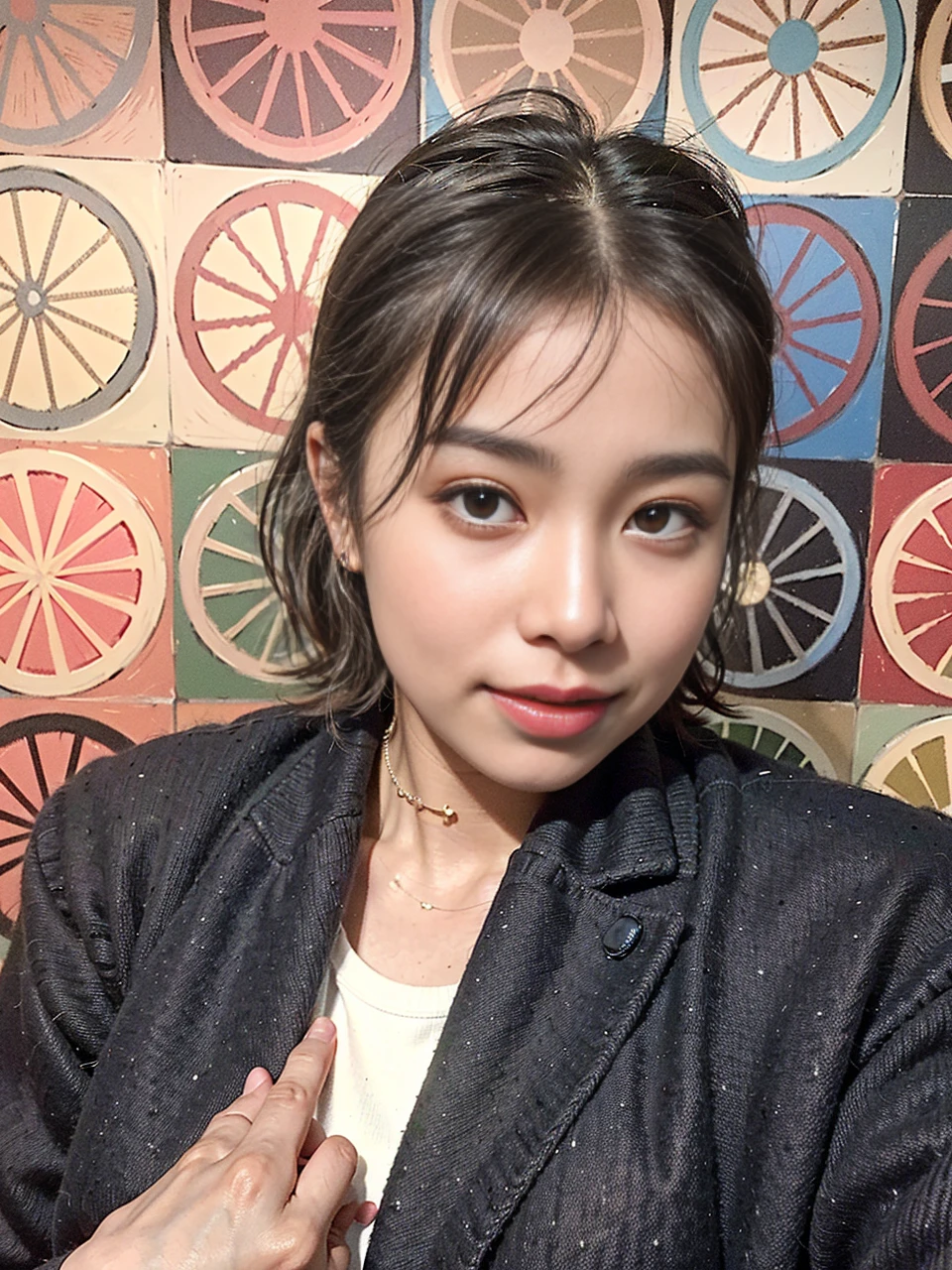 (Best quality, 8k, 32k, Masterpiece, UHD:1.2),Pretty asia woman photo, big breasts, chubby, very short short hair, upper body,(oversized_sweater,:1.1) necklace, simple background, tour, smile