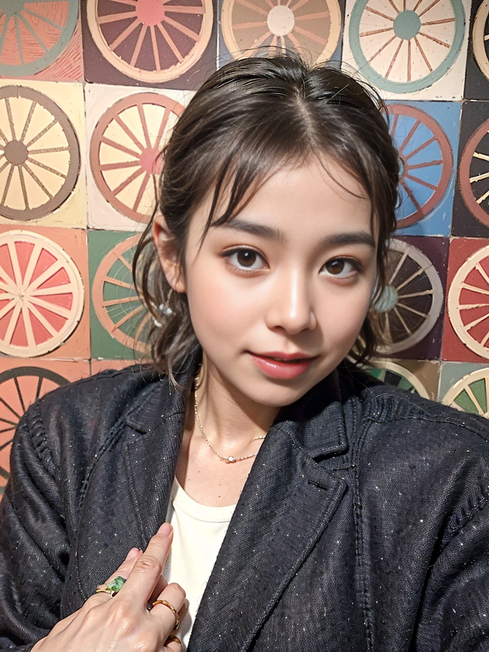 (Best quality, 8k, 32k, Masterpiece, UHD:1.2),Pretty asia woman photo, big breasts, chubby, very short short hair, upper body,(oversized_sweater,:1.1) necklace, simple background, tour, smile
