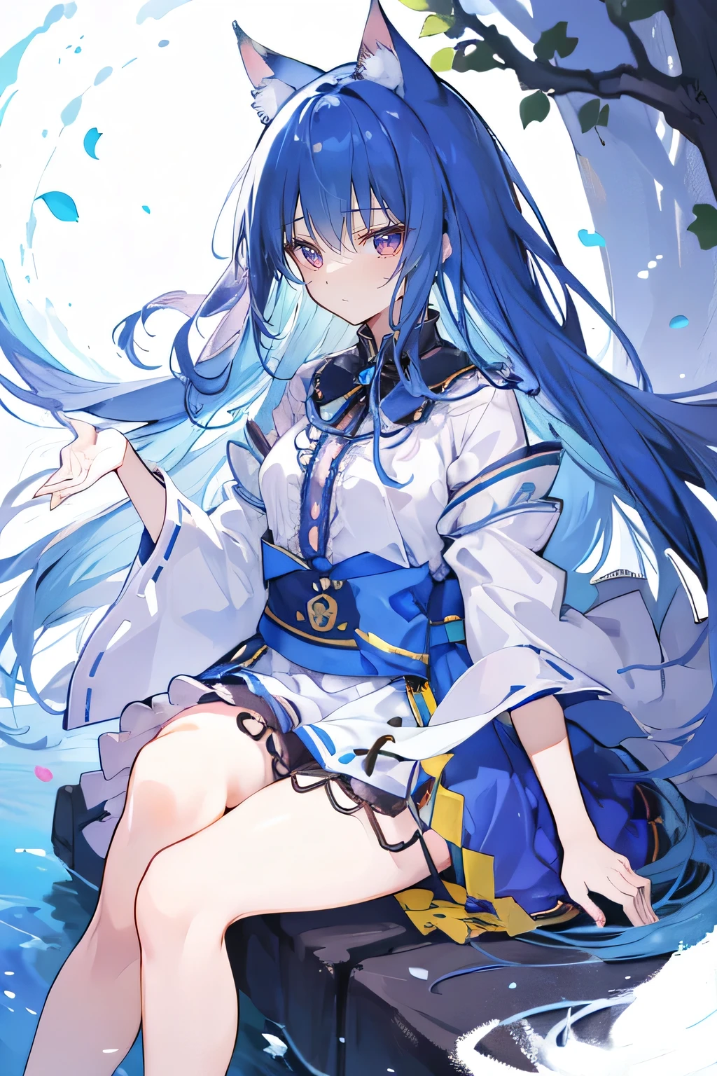 (masterpiece:1.2),Extremely detailed,Practical,expressive eyes,Fair skin,Perfect face shaping,1 Girl,
Japanese cartoons,Gorgeous blue hair, the long flowing blue hair,Floating clothes,Cat ears,Petals fall,beautiful lola,Angel,
Place your hands on your waist,sit elegantly on the ground,Cross your legs,Gentle and peaceful background,open sky。