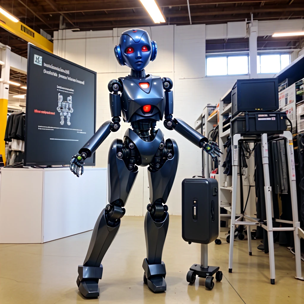 A gaint 3d robot standing straight and pointing index finger to camera.