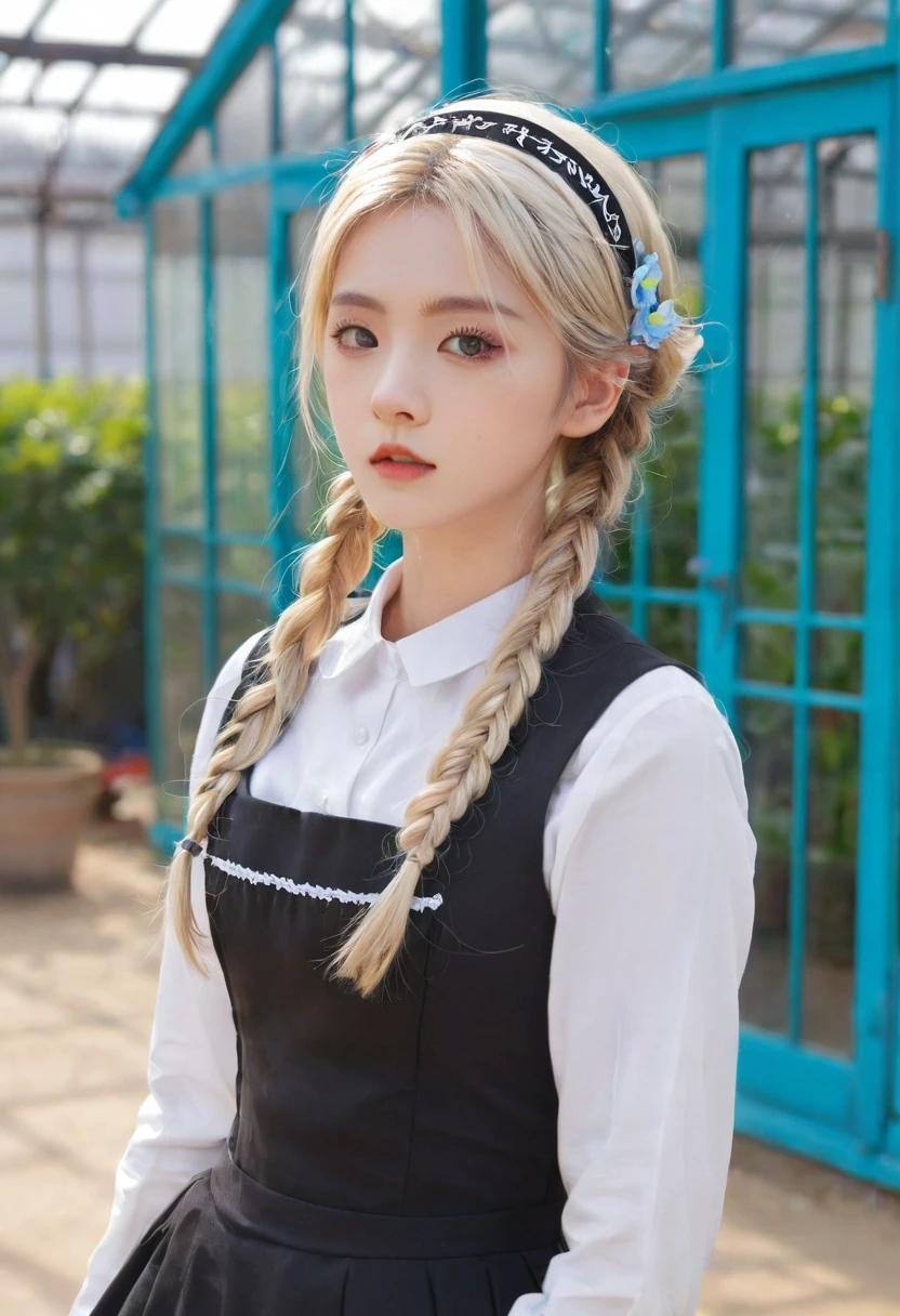 ((Flower Type)), (), (1 Girl), (((Solitary))), (Practical:1.5), Light Particles, Light, Victorian Era, (Best Illustration Award), photoPractical, Octane Rendering, 8K, Neon, Flying Cars, Delicate face, Delicate eyes, ((maid)), maid headband, Long braids, Very long hair, Blonde hair, blue eyes, (Sharp eyeliner, Eyeshadow, Delicate eyes:1.1), (ulzzang-6500), Model pose, (permanent), (outdoor), Noon time, Public area, indoors, (Green house in the background), Breaking down the G36  