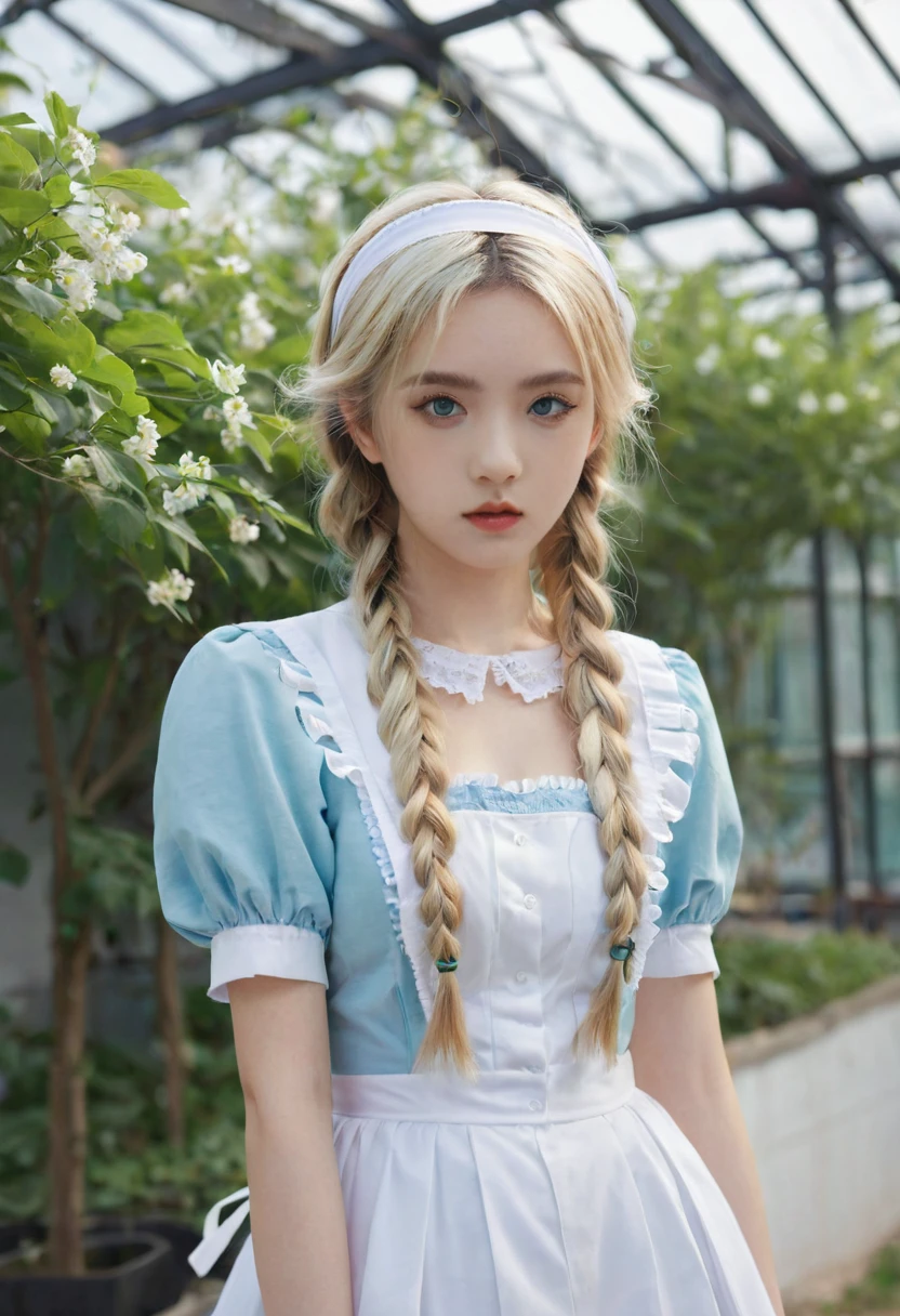 ((Flower Type)), (), (1 Girl), (((Solitary))), (Practical:1.5), Light Particles, Light, Victorian Era, (Best Illustration Award), photoPractical, Octane Rendering, 8K, Neon, Flying Cars, Delicate face, Delicate eyes, ((maid)), maid headband, Long braids, Very long hair, Blonde hair, blue eyes, (Sharp eyeliner, Eyeshadow, Delicate eyes:1.1), (ulzzang-6500), Model pose, (permanent), (outdoor), Noon time, Public area, indoors, (Green house in the background), Breaking down the G36  