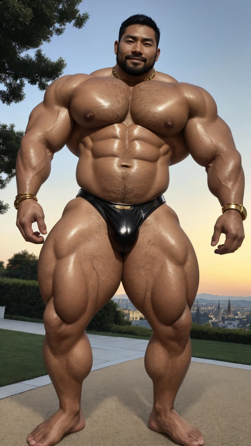 There is only one handsome Asian actor in the photo，35 years old，High target, Fitness，Smooth body，Smooth skin，No chest hair，short hair, O-Shaped Beard，Perfect body, Dark skin color，Radiant Skin，Smooth skin，Shiny, shiny skin，Smooth pectoral muscles，Muscle bulge, muscular, Very large pectoral muscles，Very sexy abdominal muscles，Very well-developed leg muscles，Huge concave and convex area，Brightens oily skin，Wearing a shiny gold leather thong，Handsome face，Normal human toes，Correct and accurate male body proportions，Gold Collar，Gold bracelet，Gold anklets，dusk, Dynamic poses，Gradient sky, Gorgeous fantasy magic，Stand in front of the castle。
