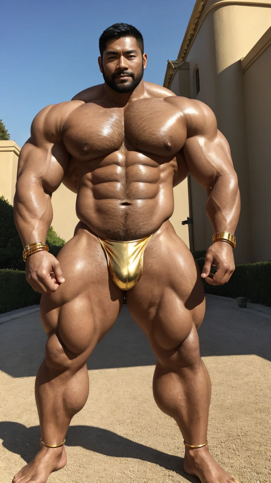 There is only one handsome Asian actor in the photo,35 years old,High target, Fitness,Smooth body,Smooth skin,No chest hair,short hair, O-Shaped Beard,Perfect body, Dark skin color,Radiant Skin,Smooth skin,Shiny, shiny skin,Smooth pectoral muscles,Muscle bulge, muscular, Very large pectoral muscles,Very sexy abdominal muscles,Very well-developed leg muscles,Huge concave and convex area,Brightens oily skin,Wearing a shiny gold leather thong,Handsome face,Normal human toes,Correct and accurate male body proportions,Gold Collar,Gold bracelet,Gold anklets,dusk, Dynamic poses,Gradient sky, Gorgeous fantasy magic,Stand in front of the castle。
