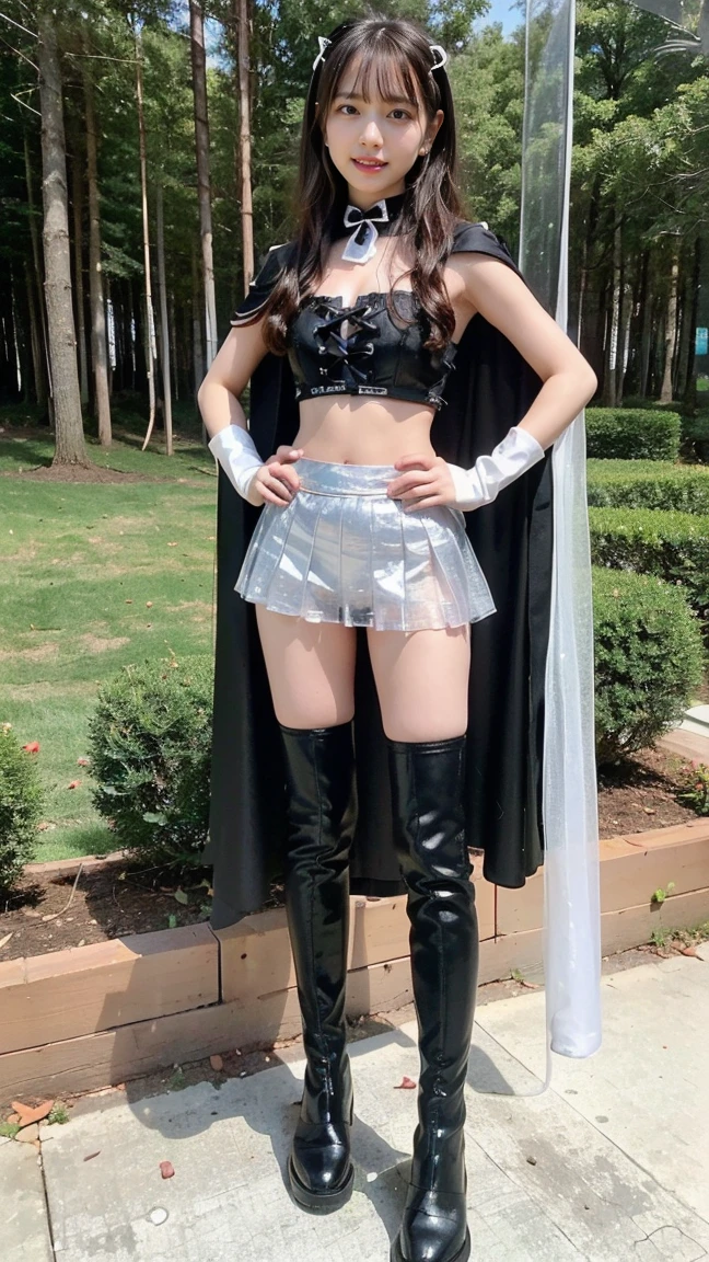 (8K、RAW Photos、Highest quality、masterpiece:1.2)、(Highest quality、Realistic)、1 Girl、((Tube top、mini skirt、Idol Costume、Cape、ribbon、Medium Hair、See-through、smile、Silver and Black、Thin legs、whole body、boots、garden、View from the front、Looking into the camera、Stand with hands on hips))、cute