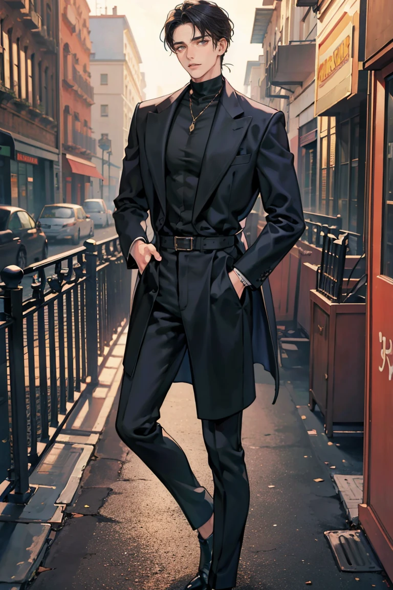 (masterpiece), best quality, seductive eyes, perfect face, handsome man, brown eyes, long slicked back black hair, long nose, tan brown skin, plain black turtleneck, black coat, black fitted pants, extremely tall man, long legs, long calves, full body, tall man, long legs, anime cover, 1boy, ear piercings, hands in pockets, adult-like look, cafe background