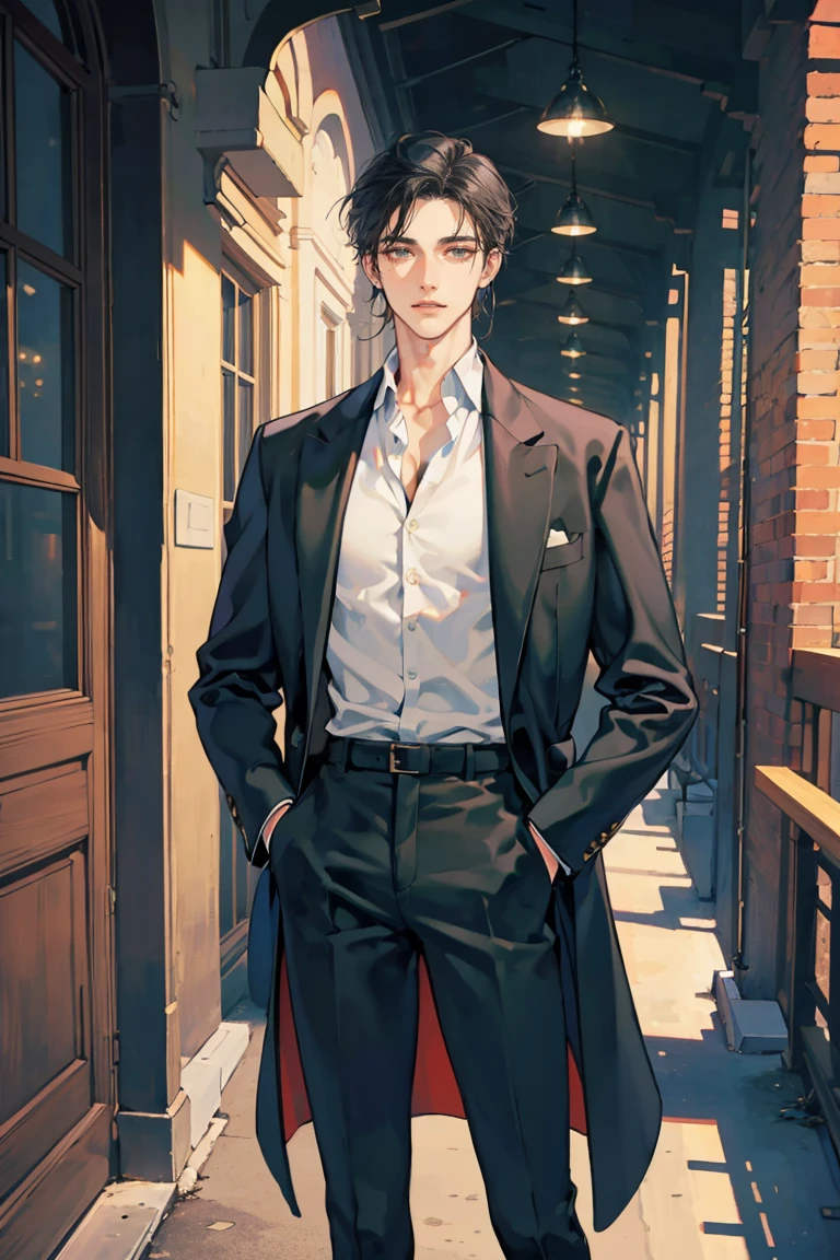 (masterpiece), best quality, seductive eyes, perfect face, handsome man, brown eyes, long slicked back black hair, long nose, tan brown skin, plain black turtleneck, black coat, black fitted pants, extremely tall man, long legs, long calves, full body, tall man, long legs, anime cover, 1boy, ear piercings, hands in pockets, adult-like look, cafe background