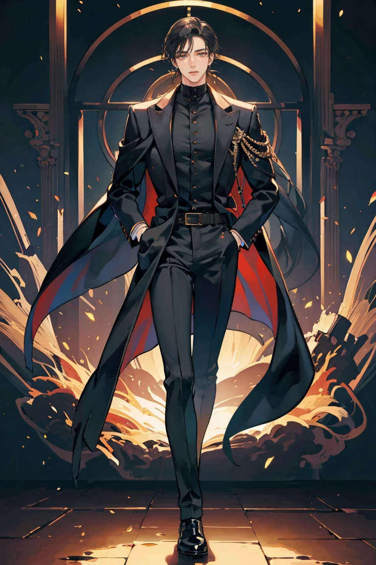 (masterpiece), best quality, seductive eyes, perfect face, handsome man, brown eyes, long slicked back black hair, long nose, tan brown skin, plain black turtleneck, black coat, black fitted pants, extremely tall man, long legs, long calves, full body, tall man, long legs, anime cover, 1boy, ear piercings, hands in pockets, adult-like look, cafe background