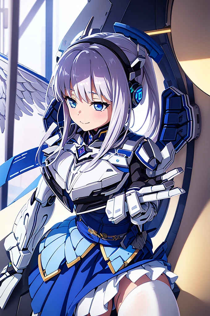 Mecha Wings、White and blue skirt、Accentuated thighs、White tights、chest、Beautiful silver hair、1 girl、solo girl、Thick thighs、is、Frame Arms Girl、Alice Gere Aegis、White Armor、Blue and purple lines、income、headphone、hand on own chest、smile