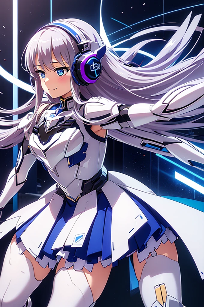 Mecha Wings、White and blue skirt、Accentuated thighs、White tights、chest、Beautiful silver hair、1 girl、solo girl、Thick thighs、is、Frame Arms Girl、Alice Gere Aegis、White Armor、Blue and purple lines、income、headphone、hand on own chest、smile