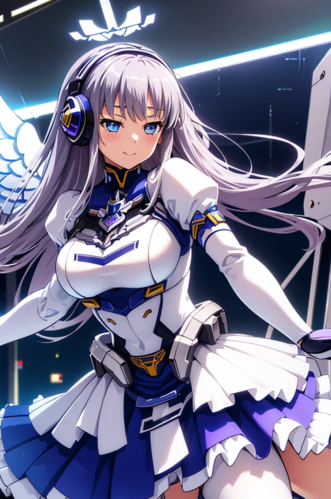 Mecha Wings、White and blue skirt、Accentuated thighs、White tights、chest、Beautiful silver hair、1 girl、solo girl、Thick thighs、is、Frame Arms Girl、Alice Gere Aegis、White Armor、Blue and purple lines、income、headphone、hand on own chest、smile