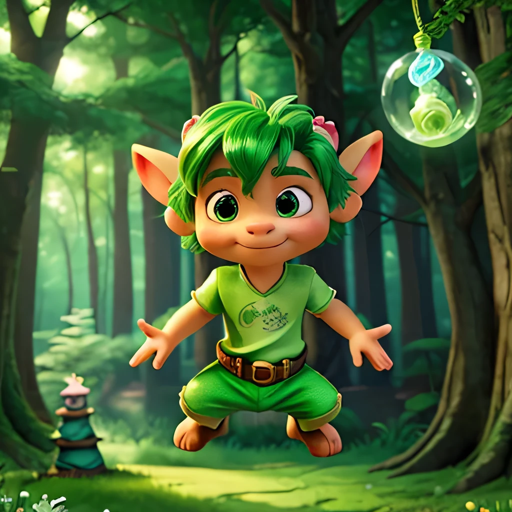 Highest quality、Forest Fairy、Big Ears、((A cute beast boy using magic))、((Using magic))、((He jumps:1.3))、Green Hair