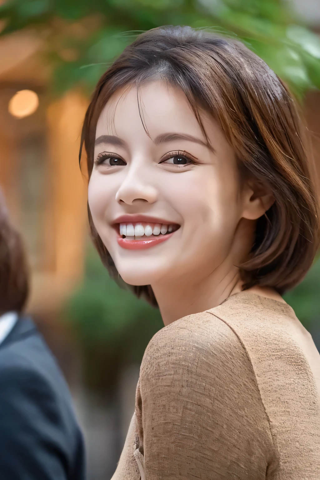 ((masterpiece)), ((Highest quality)), ((Complex)), ((Surreal)), (Realistic), (Mature Woman), ((There are no classes)), Very detailed, (1 female), Beautiful and exquisite, (Beautiful Teeth), Grin, Brunette Bob Hair, Brown eyes, ((blouse)), (Upper Body), (background:none), Perfect Eyes, Captivating eyes, Looking at the audience