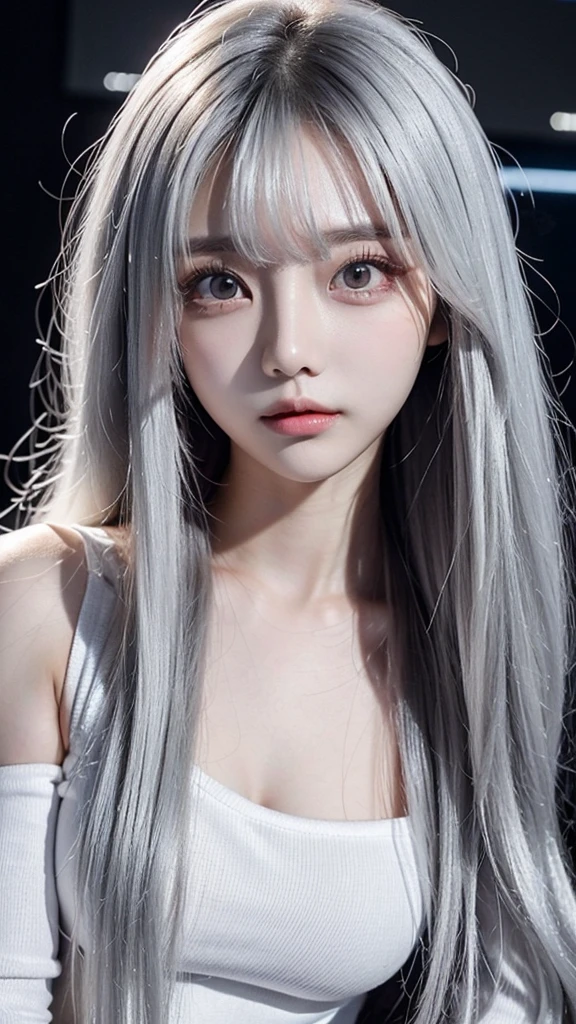 TWICE tzuyu, Korean beauty, silvery white hair, long hair, small face, fair skin, narrow eyes, slanted eyes, slender, big breasts, sex appeal, lustrous, mature