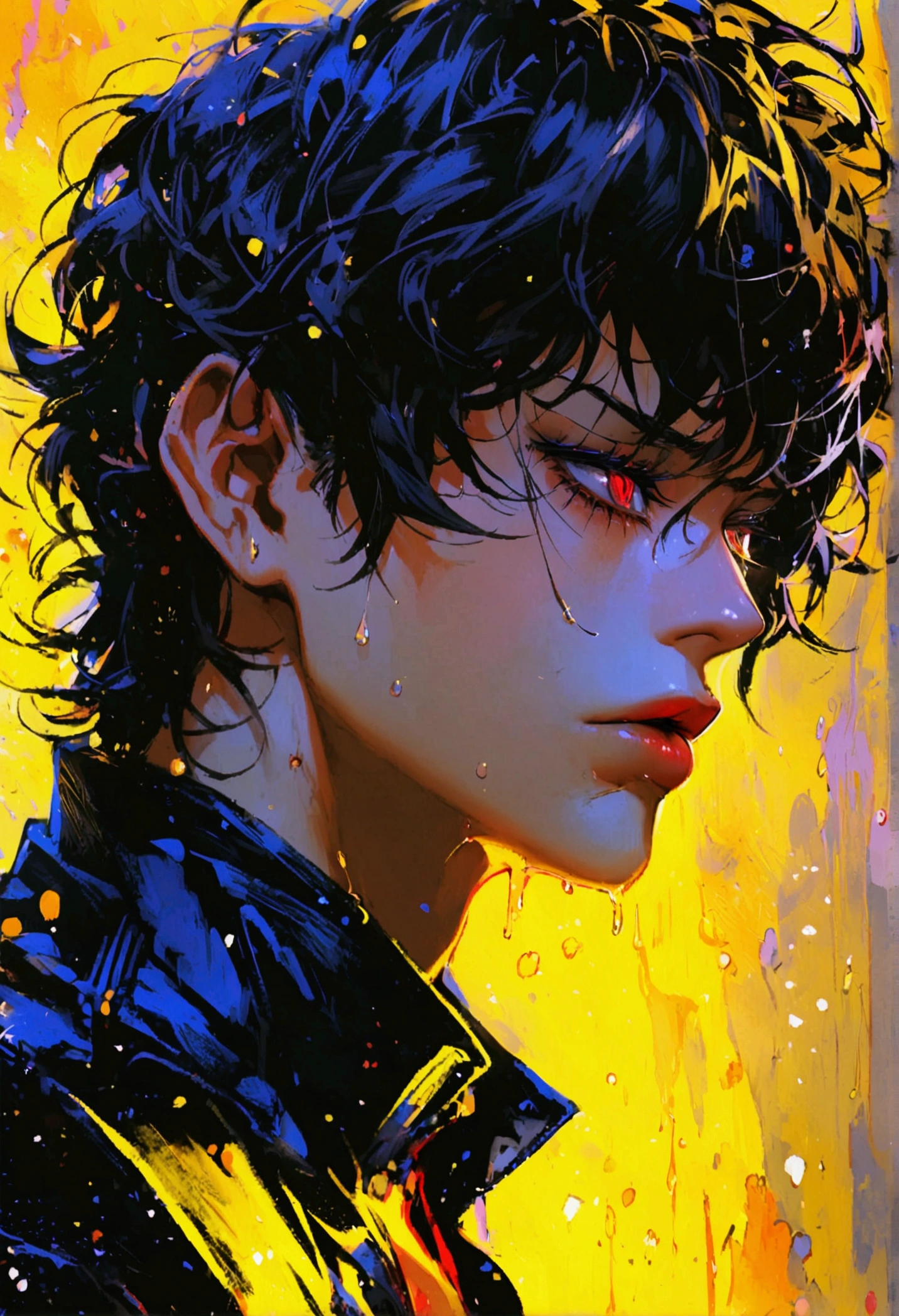 Akira Fudo, Devilman Crybaby, Male, with black clothes, background yellow