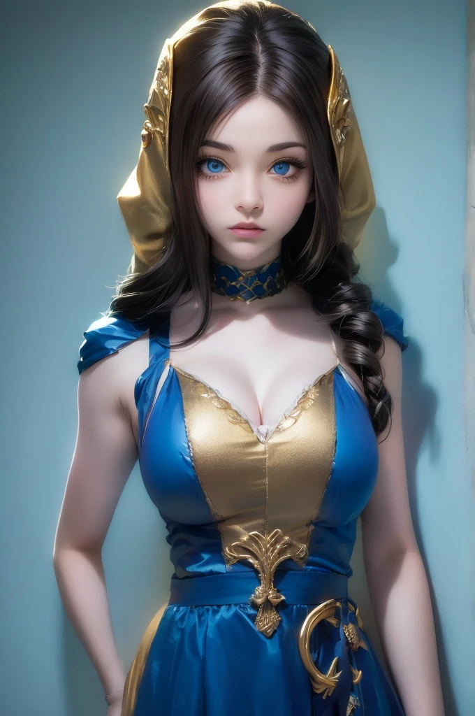 A full-body shot of Princess Zelda, brown hair, blue eyes, dressed as an Assassin from Assassins Creed, in white+gold witha white mask and hood with gold details, XL bust, using a wrist blade. Background: A city during the renaissance period. Unreal Engine 5, Anime, Anime style, Masterpiece, Well drawn eyes, well drawn face, well detailed eyes, well detailed face, 8k, light and shadow effect.
