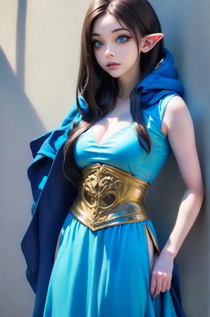 A full-body shot of Princess Zelda, brown hair, blue eyes, dressed as an Assassin from Assassins Creed, in white+gold witha white mask and hood with gold details, XL bust, using a wrist blade. Background: A city during the renaissance period. Unreal Engine 5, Anime, Anime style, Masterpiece, Well drawn eyes, well drawn face, well detailed eyes, well detailed face, 8k, light and shadow effect.