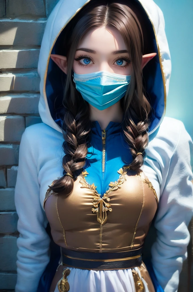 A full-body shot of Princess Zelda, brown hair, blue eyes, dressed as an Assassin from Assassins Creed, in white+gold witha white mask and hood with gold details, XL bust, using a wrist blade. Background: A city during the renaissance period. Unreal Engine 5, Anime, Anime style, Masterpiece, Well drawn eyes, well drawn face, well detailed eyes, well detailed face, 8k, light and shadow effect.  