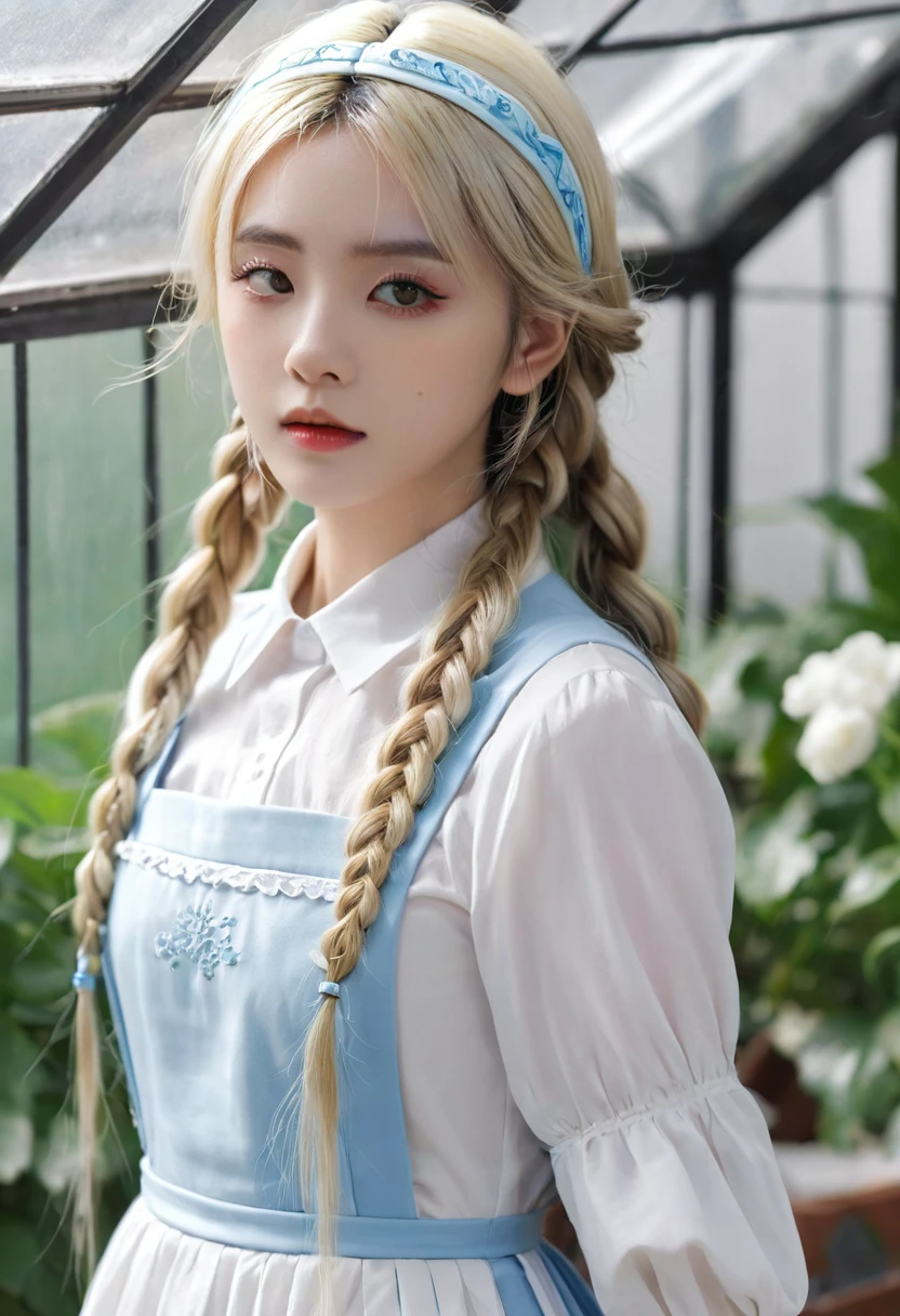 ((Flower Type)), (), (1 Girl), (((Solitary))), (Practical:1.5), Light Particles, Light, Victorian Era, (Best Illustration Award), photoPractical, Octane Rendering, 8K, Neon, Flying Cars, Delicate face, Delicate eyes, ((maid)), maid headband, Long braids, Very long hair, Blonde hair, blue eyes, (Sharp eyeliner, Eyeshadow, Delicate eyes:1.1), (ulzzang-6500), Model pose, (permanent), (outdoor), Noon time, Public area, indoors, (Green house in the background), Breaking down the G36  