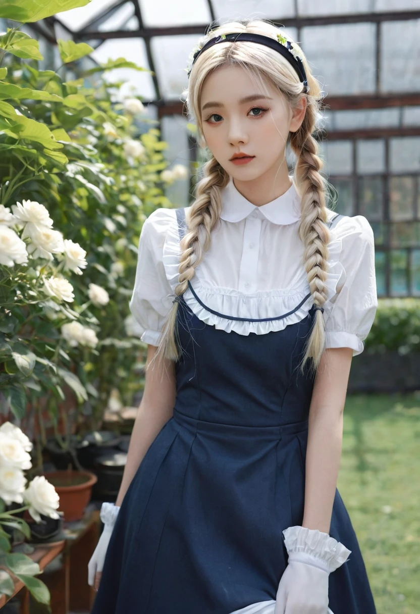 ((Flower Type)), (), (1 Girl), (((Solitary))), (Practical:1.5), Light Particles, Light, Victorian Era, (Best Illustration Award), photoPractical, Octane Rendering, 8K, Neon, Flying Cars, Delicate face, Delicate eyes, ((maid)), maid headband, Long braids, Very long hair, Blonde hair, blue eyes, (Sharp eyeliner, Eyeshadow, Delicate eyes:1.1), (ulzzang-6500), Model pose, (permanent), (outdoor), Noon time, Public area, indoors, (Green house in the background), Breaking down the G36
