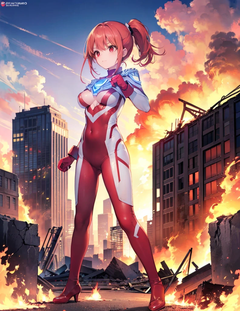 Realistic,Highest quality, Ultra Detail, High-quality CG rendering, The most delicate and beautiful, Floating softly, High resolution, (1 giant girl), (Highest quality,4K,8K,masterpiece:1.2),(All red hair:1.5), (ponytail:1.5),(Red eyes:1.5), (Ultra Girl:1.0), (All red Ultraman bodysuit:1.4),(Do not expose your skin:1.4),(Slightly larger breasts:1.5),(Clenched Fist:1.2),(Place your hands in front of your chest:1.3),(Red gloves:1.3),(Red Shoes:1.3),(whole body:1.3),(Are standing:1.3),(A city engulfed in flames:1.3),(Buildings in flames:1.3),(Burning Ruins:1.3),(Fighting Pose:1.3),(Put your right hand forward:1.3),(Turn your back to your audience:1.3),Butt