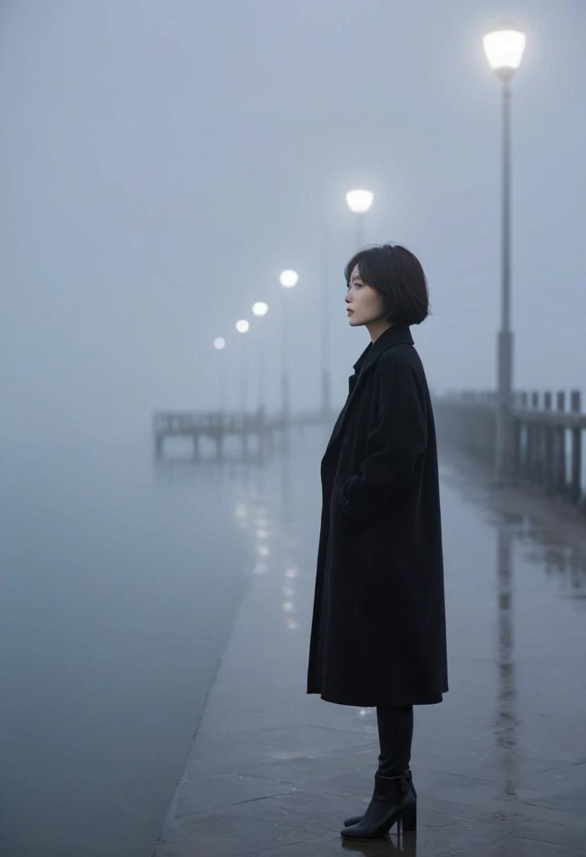 Korean woman,Short hair, black coat, cool,rain,blur,Fog,middle,cool,boring,,pier,only,Coast, The dim light shines in the Fog,and the figure stands in the Fog holding , pace
