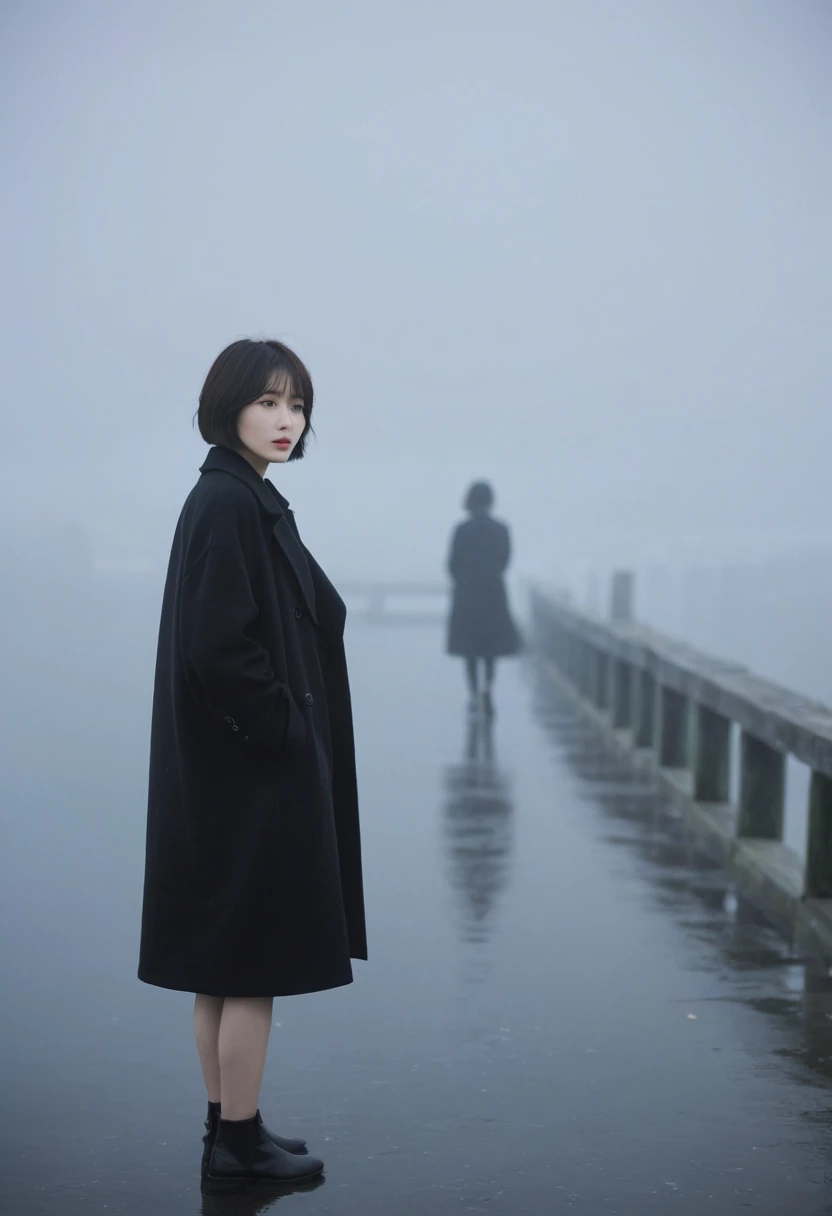 Korean woman,Short hair, black coat, cool,rain,blur,Fog,middle,cool,boring,,pier,only,Coast, The dim light shines in the Fog,and the figure stands in the Fog holding , pace