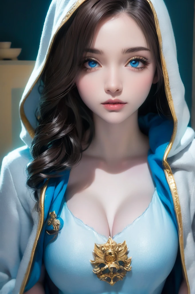 A full-body shot of Princess Zelda, brown hair, blue eyes, dressed as an Assassin from Assassins Creed, in white+gold witha white mask and hood with gold details, XL bust, using a wrist blade. Background: A city during the renaissance period. Unreal Engine 5, Anime, Anime style, Masterpiece, Well drawn eyes, well drawn face, well detailed eyes, well detailed face, 8k, light and shadow effect.