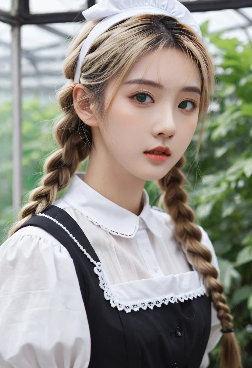 ((Flower Type)), (), (1 Girl), (((Solitary))), (Practical:1.5), Light Particles, Light, Victorian Era, (Best Illustration Award), photoPractical, Octane Rendering, 8K, Neon, Flying Cars, Delicate face, Delicate eyes, ((maid)), maid headband, Long braids, Very long hair, Blonde hair, blue eyes, (Sharp eyeliner, Eyeshadow, Delicate eyes:1.1), (ulzzang-6500), Model pose, (permanent), (outdoor), Noon time, Public area, indoors, (Green house in the background), Breaking down the G36