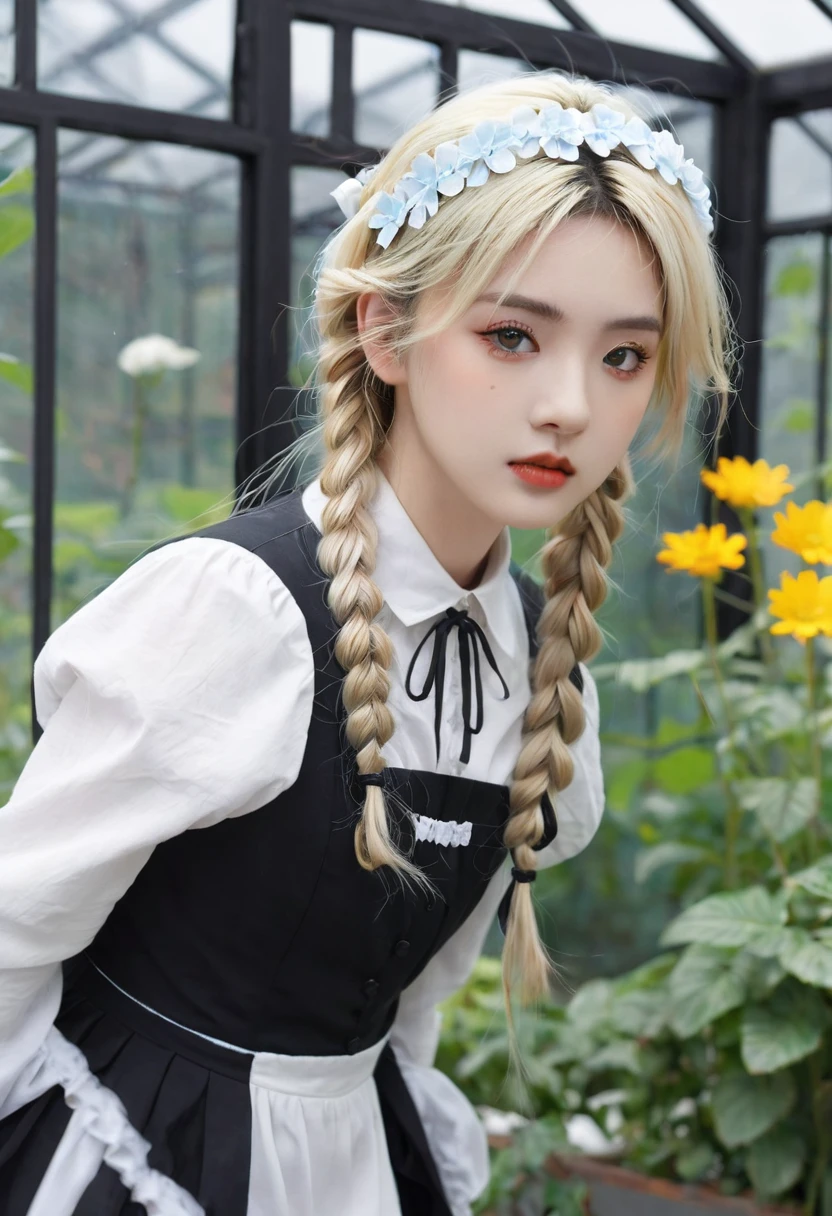 ((Flower Type)), (), (1 Girl), (((Solitary))), (Practical:1.5), Light Particles, Light, Victorian Era, (Best Illustration Award), photoPractical, Octane Rendering, 8K, Neon, Flying Cars, Delicate face, Delicate eyes, ((maid)), maid headband, Long braids, Very long hair, Blonde hair, blue eyes, (Sharp eyeliner, Eyeshadow, Delicate eyes:1.1), (ulzzang-6500), Model pose, (permanent), (outdoor), Noon time, Public area, indoors, (Green house in the background), Breaking down the G36  
