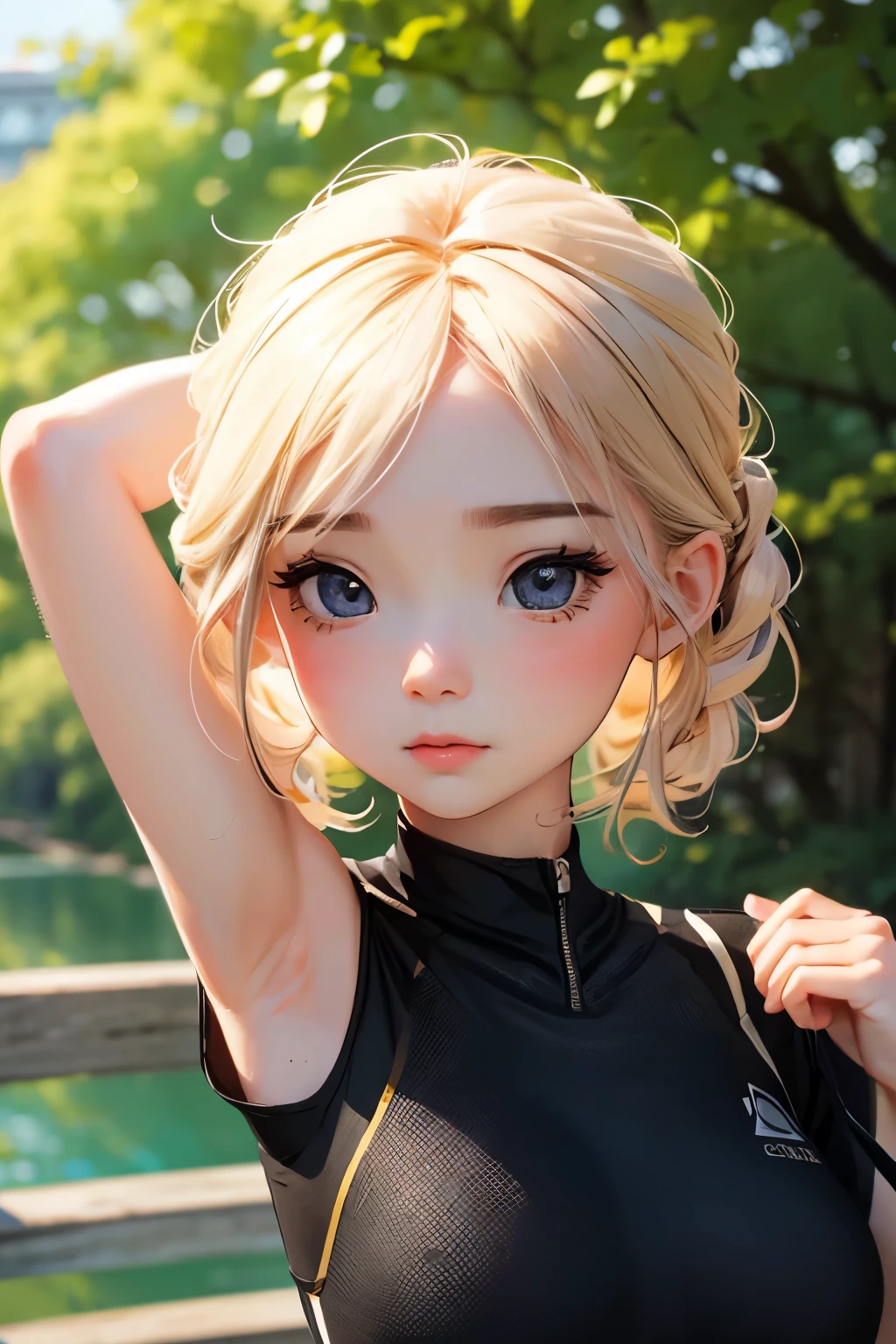 Chibi Girl Doll、bank、river、bridge、Enjoying stretching、Training wear、Very detailed、Ultra-realistic、Photorealistic、8K、Hyperrealistic、masterpiece、Beautiful detailed eyes、Beautiful detailed lips、Very detailedな顔、Long eyelashes、Beautiful young girl、Calm expression、Warm colors、Beautiful lighting、Cinematic、Intricate details、Bright colors、natural environment、Lush vegetation、Soft Focus、Depth of written boundary