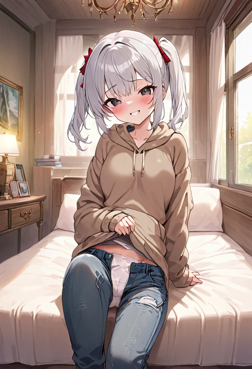 (Russia:1.6), beautiful, nice, 22 years old, amazing, masterpiece, naked, rich, Gorgeous, bed, Mansion, amazing, High resolution, (Realistic:0.5),anime,White panties,hoodie,Denim pants,Trousers half removed,blush,Hairstyle(Two Side Up),Silver Hair,black eye,smile,