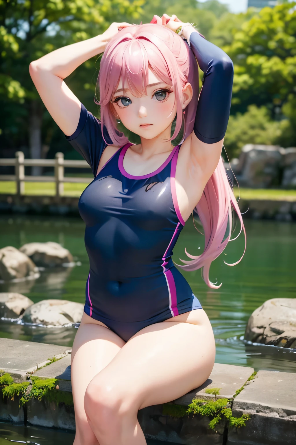 Chibi Girl Doll、bank、river、bridge、Enjoying stretching、Training wear、Very detailed、Ultra-realistic、Photorealistic、8K、Hyperrealistic、masterpiece、Beautiful detailed eyes、Beautiful detailed lips、Very detailedな顔、Long eyelashes、Beautiful young girl、Calm expression、Warm colors、Beautiful lighting、Cinematic、Intricate details、Bright colors、natural environment、Lush vegetation、Soft Focus、Depth of written boundary