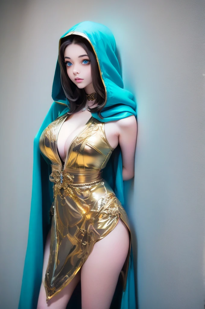 A full-body shot of Princess Zelda, brown hair, blue eyes, dressed as an Assassin from Assassins Creed, in white+gold witha white mask and hood with gold details, XL bust, using a wrist blade. Background: A city during the renaissance period. Unreal Engine 5, Anime, Anime style, Masterpiece, Well drawn eyes, well drawn face, well detailed eyes, well detailed face, 8k, light and shadow effect.  