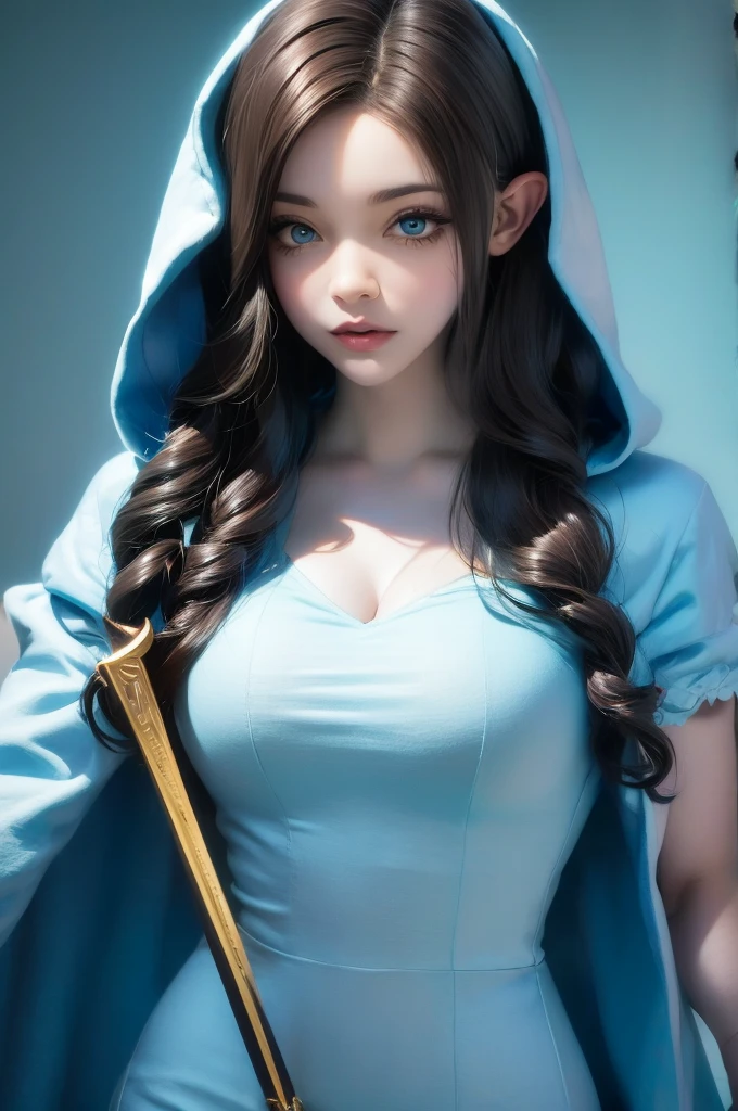 A full-body shot of Princess Zelda, brown hair, blue eyes, dressed as an Assassin from Assassins Creed, in white+gold witha white mask and hood with gold details, XL bust, using a wrist blade. Background: A city during the renaissance period. Unreal Engine 5, Anime, Anime style, Masterpiece, Well drawn eyes, well drawn face, well detailed eyes, well detailed face, 8k, light and shadow effect.  