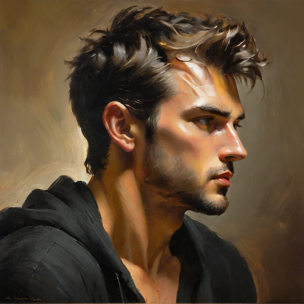 Hot guy, sharp features, profile, 3/4 view, intense lighting, handsome, oil painting, facing viewer, (oil painting)