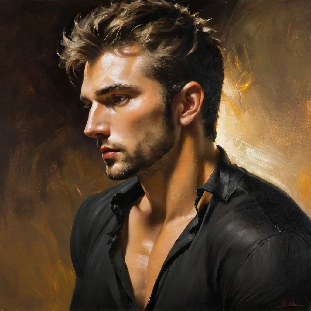 Hot guy, sharp features, profile, 3/4 view, intense lighting, handsome, oil painting, facing viewer, (oil painting)