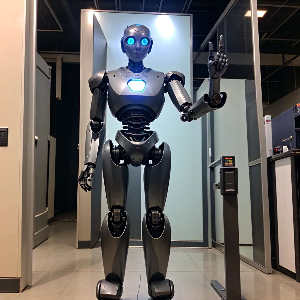 A gaint 3d robot standing straight and pointing index finger to camera.