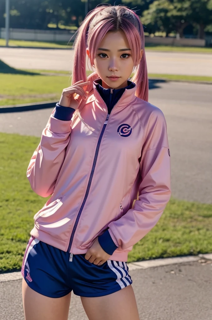 seorang wanita cantik Indonesia, mengenakan jaket pink biru (ekspresi tersenyum mengedipkan sebelah mata) tangannya membuat tanda cinta, latar belakang cahaya biru, hyper realistis