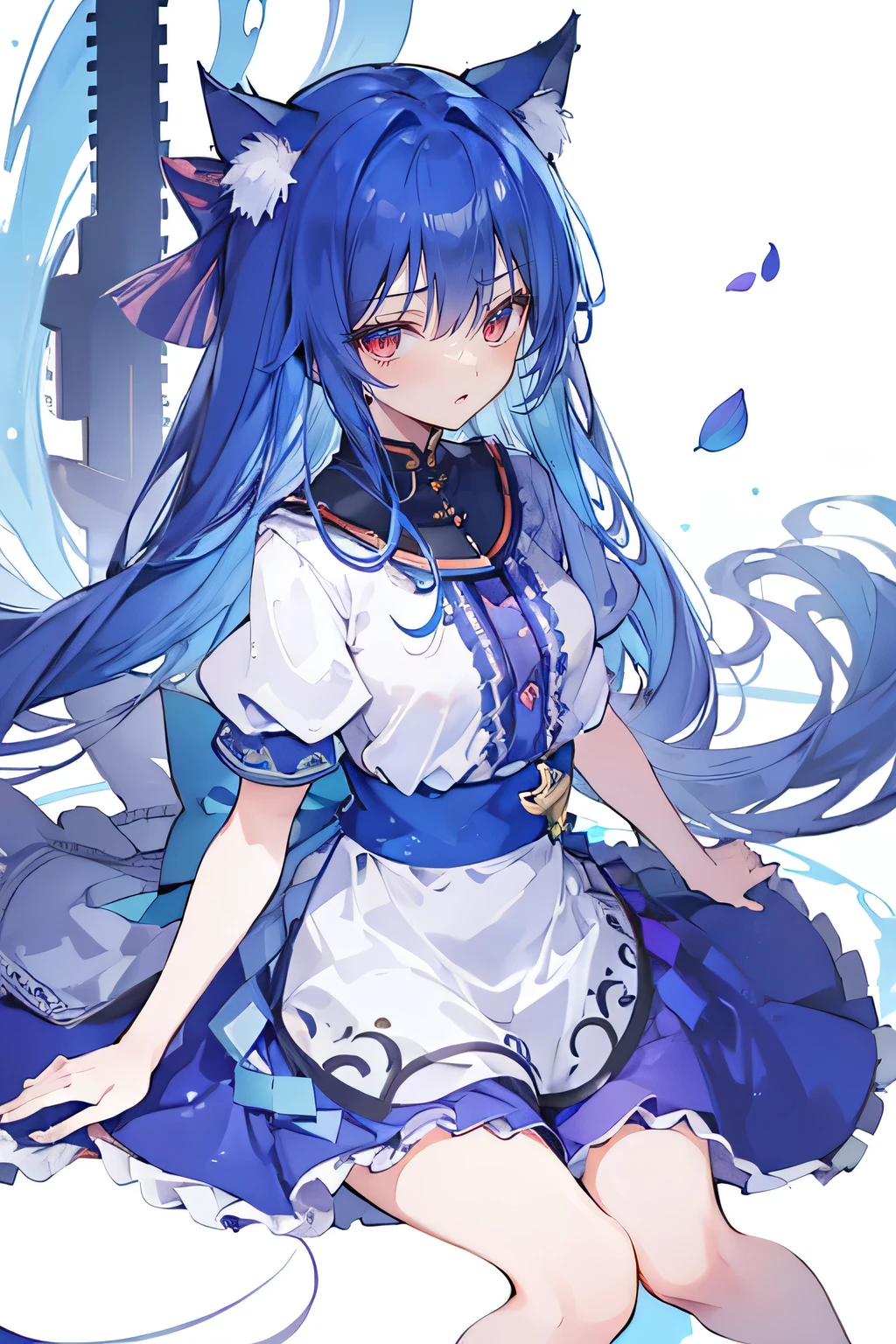 (masterpiece:1.2),Extremely detailed,Practical,expressive eyes,Fair skin,Perfect face shaping,1 Girl,
Japanese cartoons,Gorgeous blue hair, the long flowing blue hair,Floating clothes,Cat ears,Petals fall,beautiful lola,Angel,
Place your hands on your waist,sit elegantly on the ground,Cross your legs,Gentle and peaceful background,open sky。