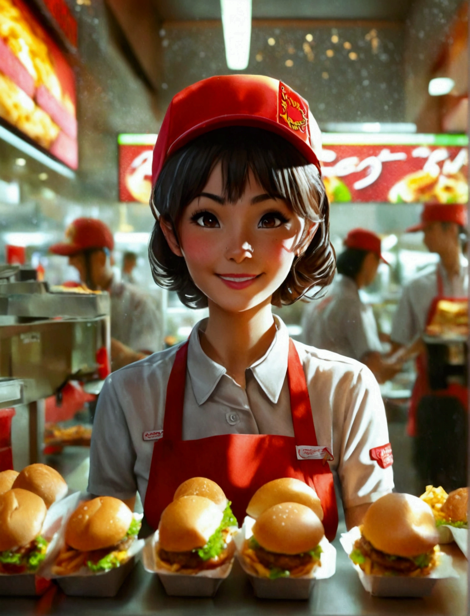 Aphotorealistic, ultra-detailed representation of a dedicated fast food worker serving customers behind the counter in an upper body shot. The individual, showcasing a genuine smile, is skillfully multitasking, handling various orders with precision and attention to detail. Their uniform, emblazoned with the familiar logos of the fast food chain, is worn neatly, and their hands move with dexterity as they assemble meals. The background is a blur of movement, customers lining up to place their orders. The scene is brightly lit, highlighting the worker's focused expression and the intricate mechanisms of the fast food assembly line. The image is shot in 8K UHD, gigantic breasts, giga_busty