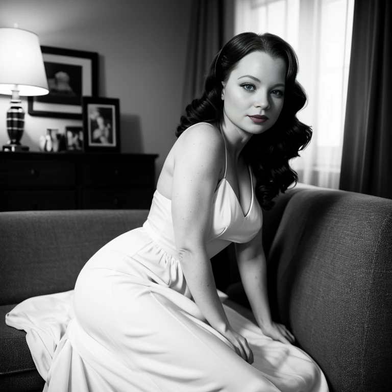 black and white photos. lauren ambrose, leaving room couch, long dress, pin-up, vintage dress, 22 years old, perfect body, 40's, perspective, half body detail, sharp focus, light mix, detail, 50's, (high skin detail: 1,2), 8k hd, DSLR, Luz outfit, high quality, Fujifilm XT3 Grainy Films.