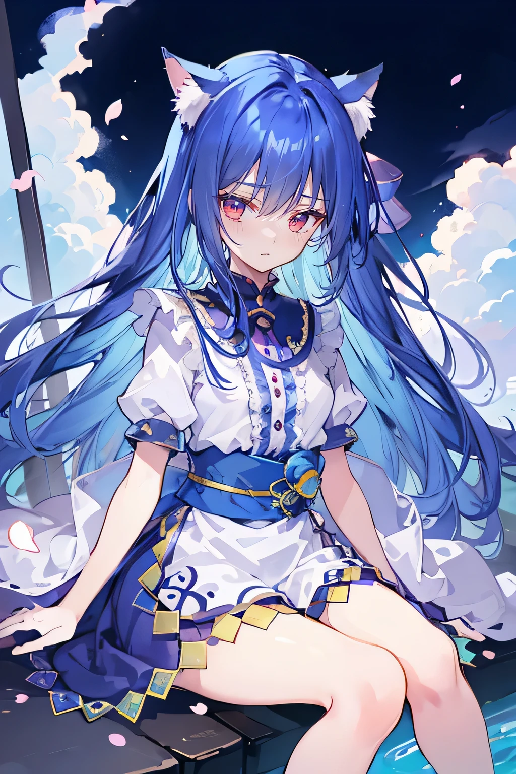 (masterpiece:1.2),Extremely detailed,Practical,expressive eyes,Fair skin,Perfect face shaping,1 Girl,
Japanese cartoons,Gorgeous blue hair, the long flowing blue hair,Floating clothes,Cat ears,Petals fall,beautiful lola,Angel,
Place your hands on your waist,sit elegantly on the ground,Cross your legs,Gentle and peaceful background,open sky。