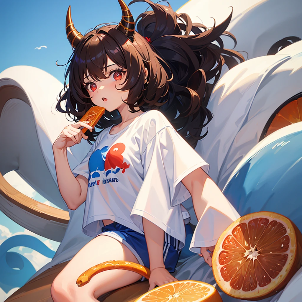 a girl of with short curly brown hair and horns on her head with red eyes in a white-blue T-shirt and white-blue shorts eats marmalade on a white background
