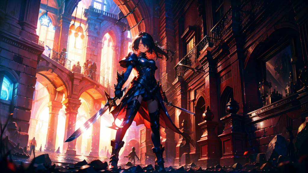 masterpiece, best quality, high quality, detailed, ultra detailed, hyper detailed, insanely detailed, exquisite, beautiful, FHD, Full-HD, 4K, 8K, 16K, highres, absurdres,Overall reddish black, ((1girl)), medium shot,mystic knight, serious look, sword fighting, covering one eye, black hair, red eyes, armor, long boots, with a sword, fantasy,hailoknight, holding sword, holding weapon