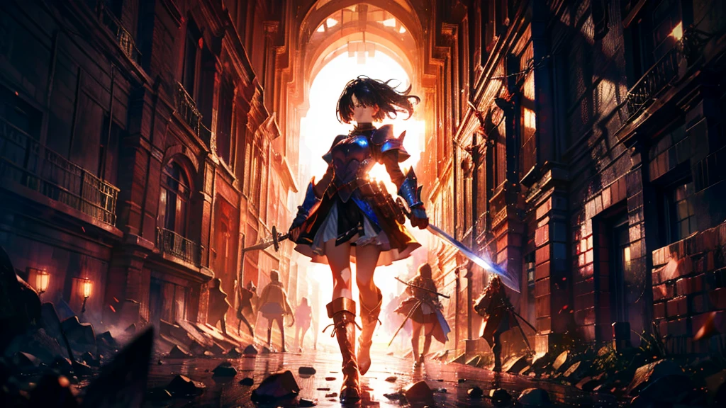 masterpiece, best quality, high quality, detailed, ultra detailed, hyper detailed, insanely detailed, exquisite, beautiful, FHD, Full-HD, 4K, 8K, 16K, highres, absurdres,Overall reddish black, ((1girl)), medium shot,mystic knight, serious look, sword fighting, covering one eye, black hair, red eyes, armor, long boots, with a sword, fantasy,hailoknight, holding sword, holding weapon