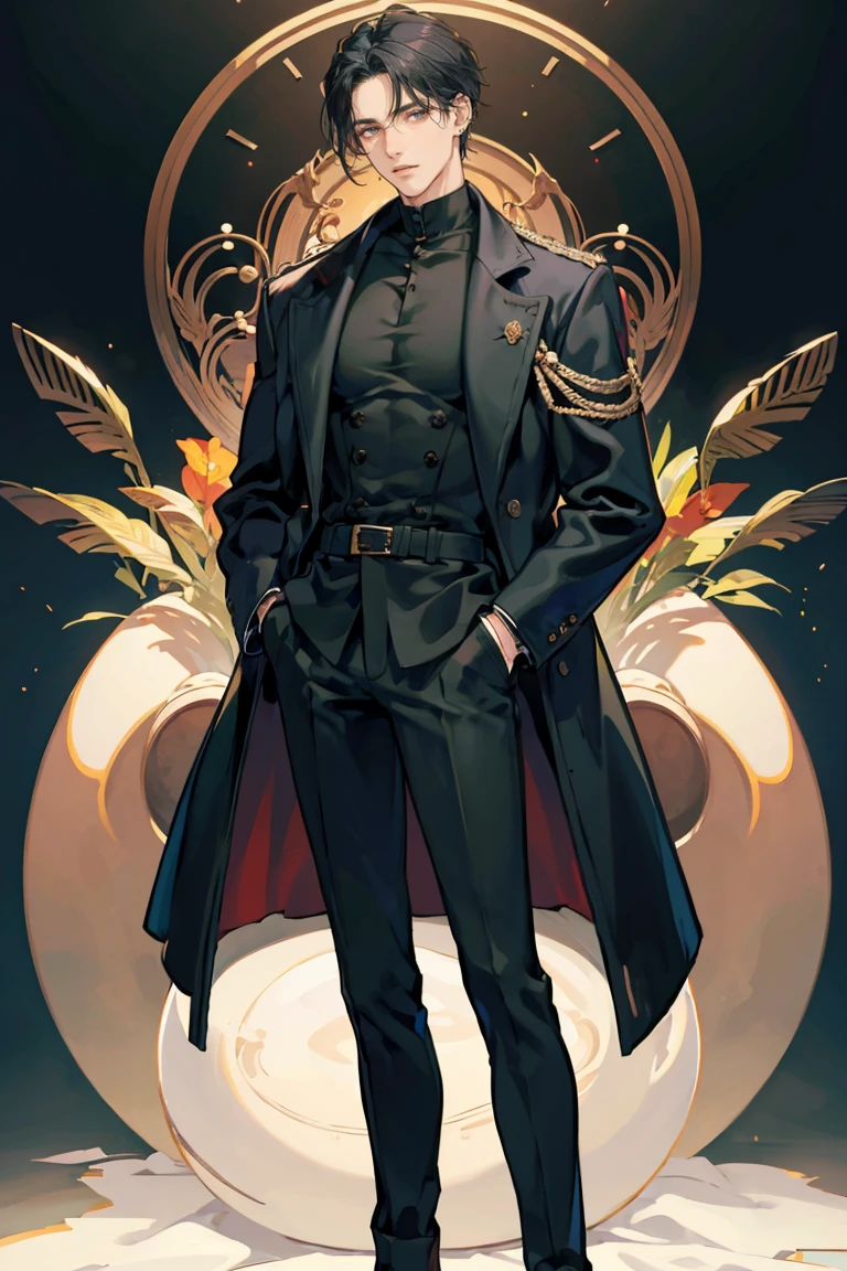 (masterpiece), best quality, seductive eyes, perfect face, handsome man, brown eyes, long slicked back black hair, long nose, tan brown skin, plain black turtleneck, black coat, black fitted pants, extremely tall man, long legs, long calves, full body, tall man, long legs, anime cover, 1boy, ear piercings, hands in pockets, adult-like look, cafe background