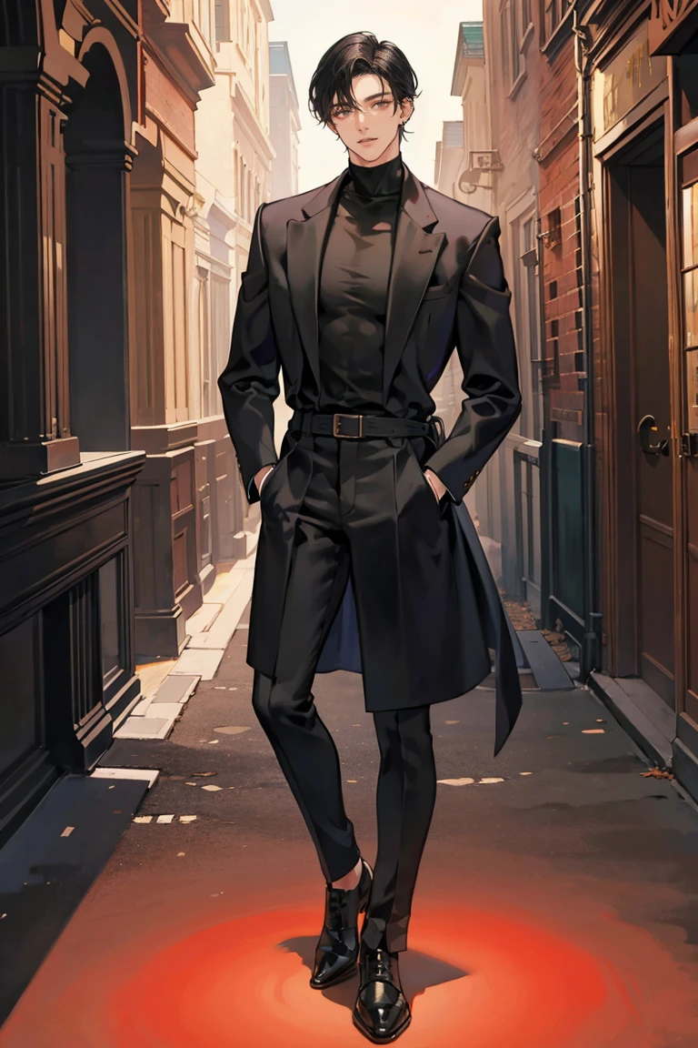 (masterpiece), best quality, seductive eyes, perfect face, handsome man, brown eyes, long slicked back black hair, long nose, tan brown skin, plain black turtleneck, black coat, black fitted pants, extremely tall man, long legs, long calves, full body, tall man, long legs, anime cover, 1boy, ear piercings, hands in pockets, adult-like look, cafe background